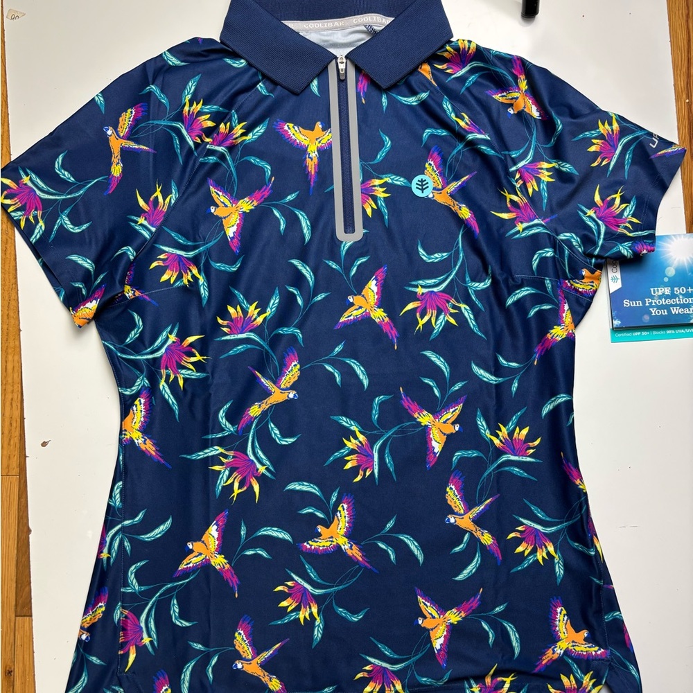 Coolibar womens Double Eagle parrot print short sleeve golf polo
